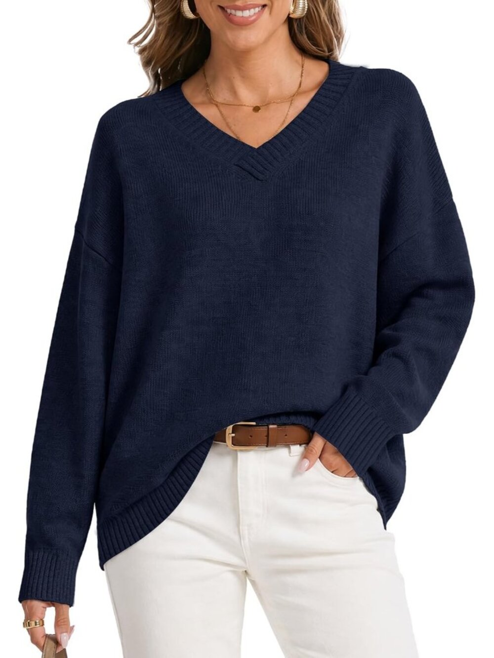 Women's Navy Lightweight Long Sleeve Oversized Cashmere Blend V Neck Sweaters